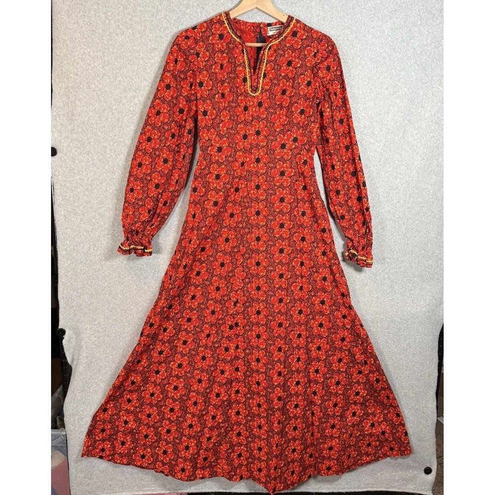 Vintage 70s Handmade Dress Womens XXS Red Black Floral Maxi Groovy